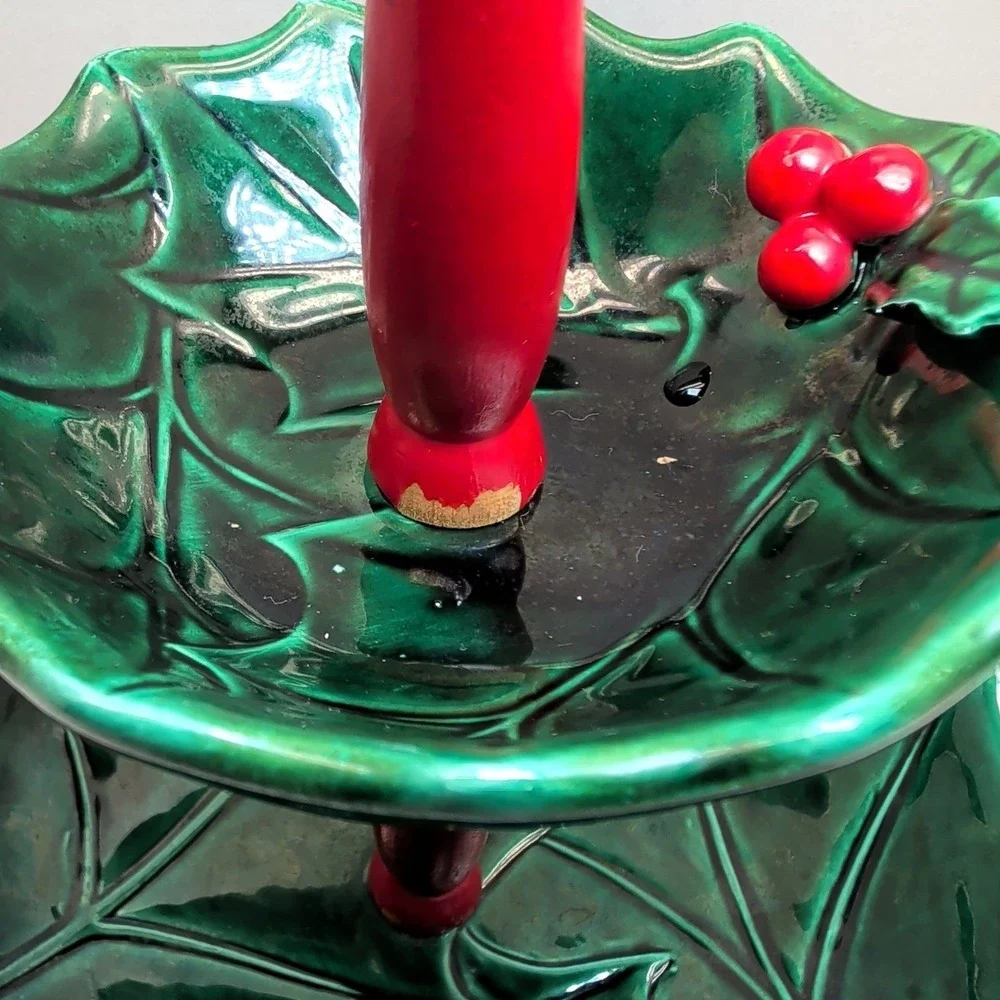 Vintage Lefton 5189 Christmas Holly Leaf 2 Tier Tidbit Tray Green Red Berries